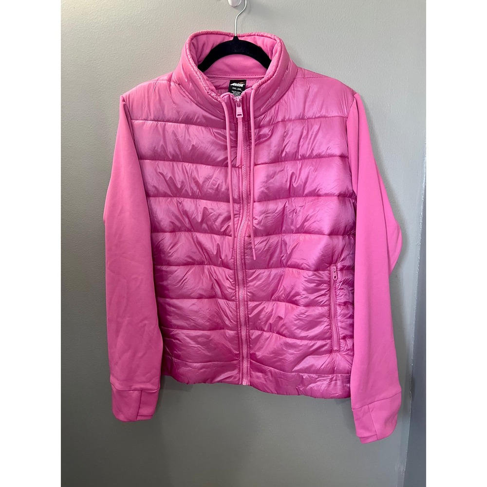 Avia Womens XXL Pink Quilted Puffer Mixed Media Full Zip Jacket Thumbholes NWT